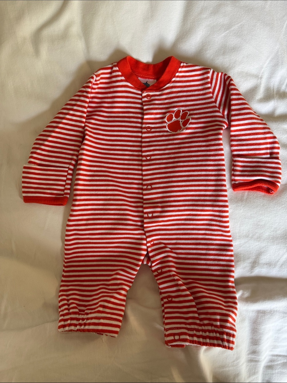 Orange & White Striped Baby One-Piece with  Clemson Tiger Paw Appliqué